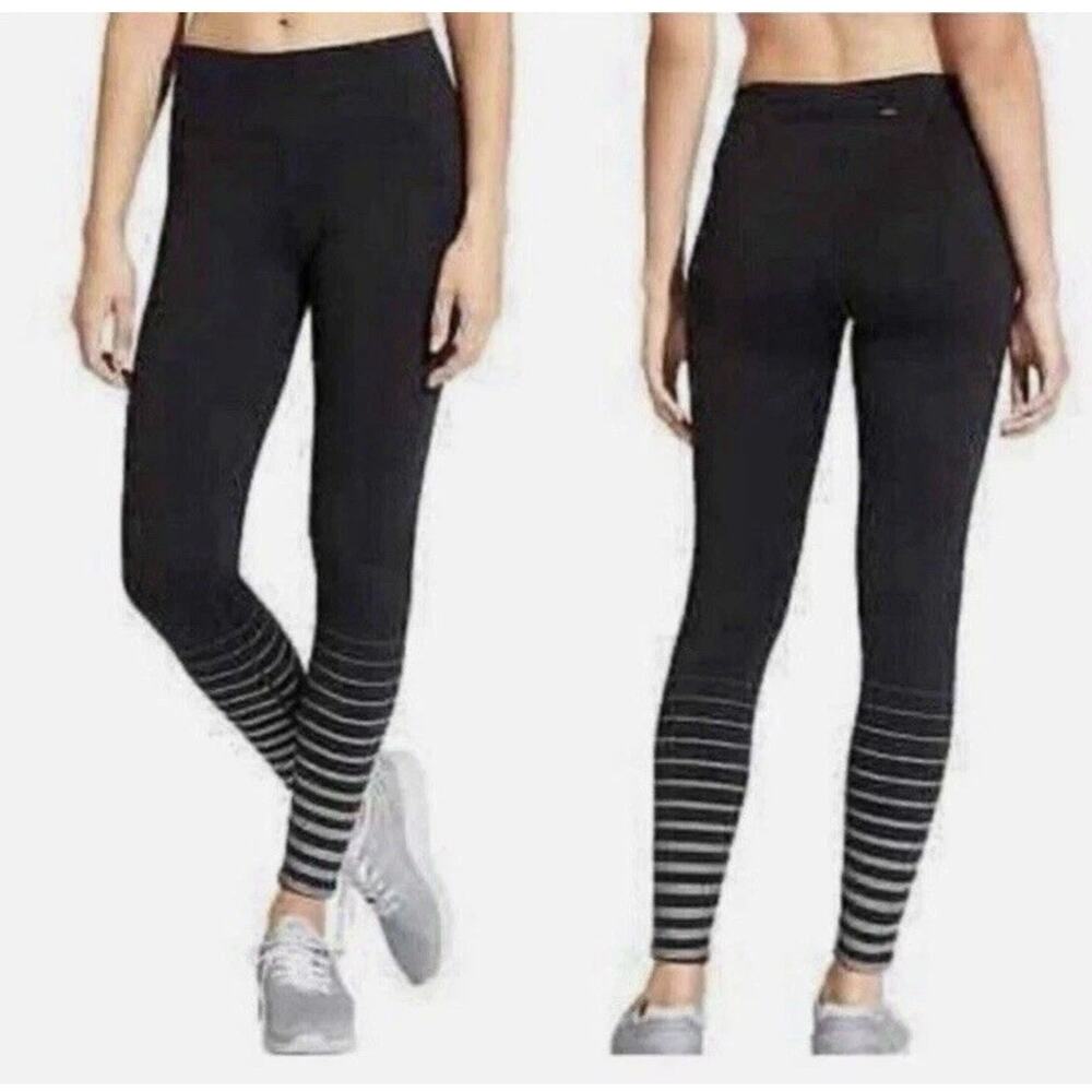 Athleta Leggings Sz M Black Full Length Silver Shine Stripe Sonar 347988 - Picture 1 of 12